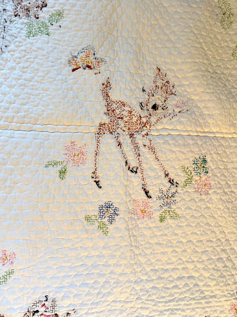 Vtg Disney Bambi And Friends Cross Stitch Lightweight Blanket COMPLETED Paragon image 17