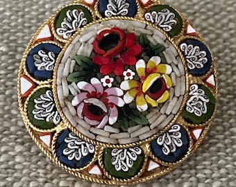 Vtg Italian Micro Mosaic Brooch Round Floral Bouquet Colorful Glass Italy MCM