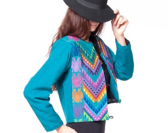 Gorgeous handcrafted jacket in turquoise with colourful tribal pattern