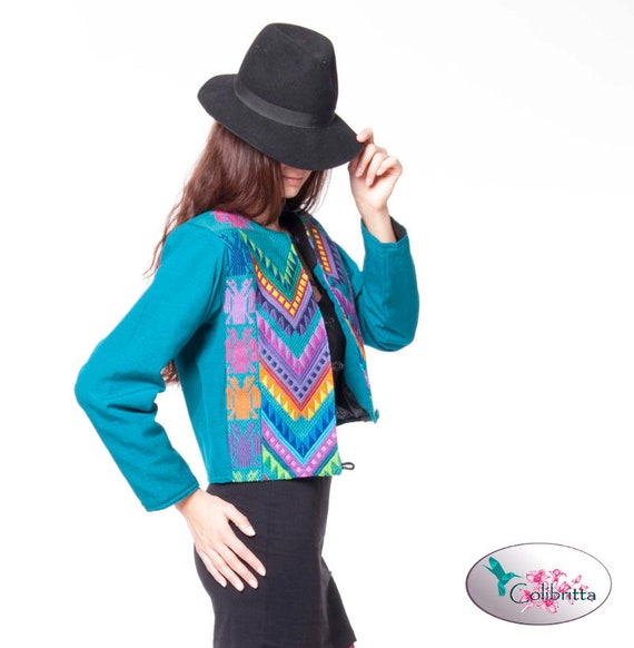 Gorgeous handcrafted jacket in turquoise with colourful tribal pattern