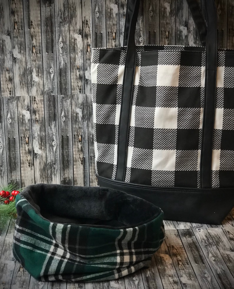 Handmade reversible faux black fur with green white black plaid neck warmer Personalized gift set Tote bag with monogram initial