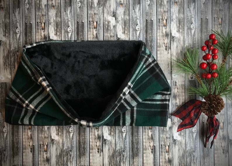 Handmade reversible faux black fur with green white black plaid neck warmer Personalized gift set Tote bag with monogram initial