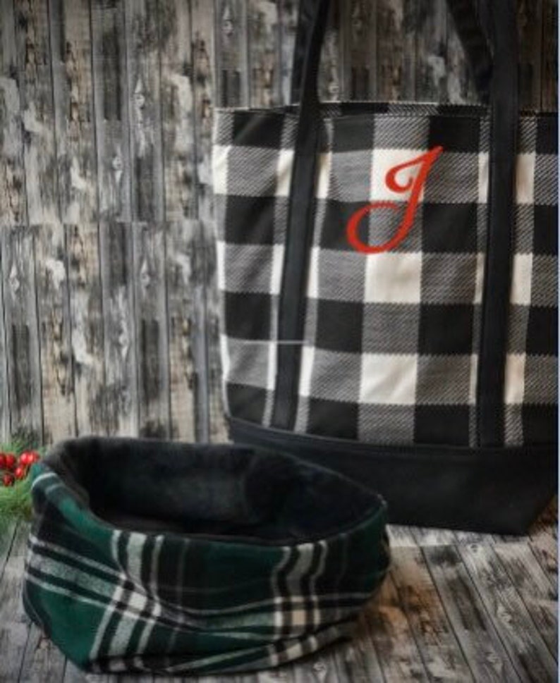 Handmade reversible faux black fur with green white black plaid neck warmer Personalized gift set Tote bag with monogram initial