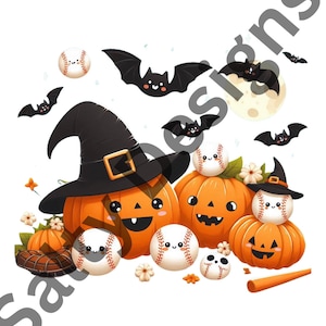 Puede incluir: Ilustración caprichosa con calabazas naranjas sonrientes, pelotas de béisbol con expresiones lindas y murciélagos negros. Algunas calabazas llevan sombreros de bruja. La imagen tiene un tema de Halloween y béisbol.