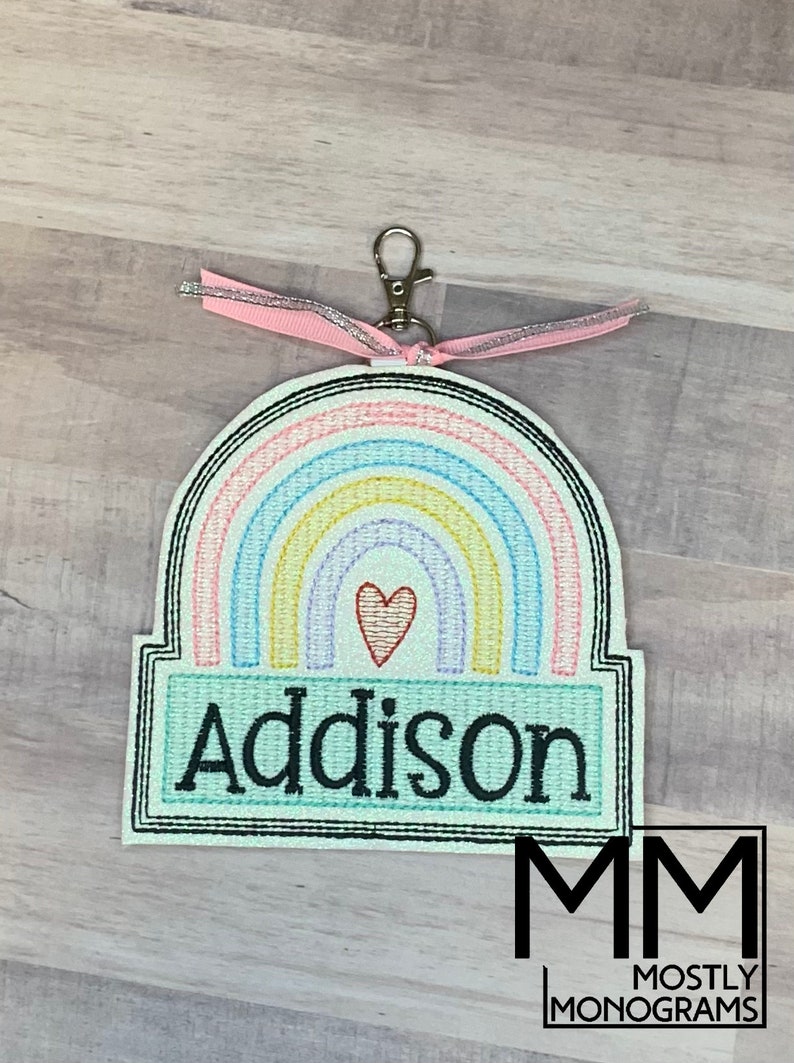 Rainbow Heart Sketch Embroidered Bag Tag / Backpack Tag / Keychain ...