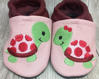 Lederpuschen Krabbelschuh Lauflernschuh Hausschuhe Baby #Schildkröten