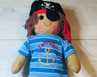 Personalised Pirate Rag Doll with name embroidered - fabric, birthday gift, boy, girl, Christmas present