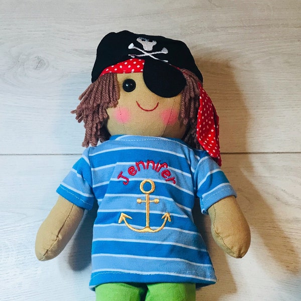 Personalised Pirate Rag Doll with name embroidered - fabric, birthday gift, boy, girl, Christmas present