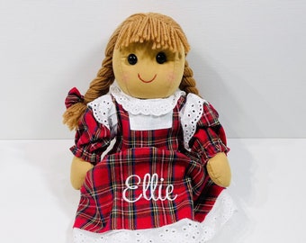 Personalised Rag Doll in a Red Tartan Dress with name embroidered - birthday gift, Christmas Present, brown hair