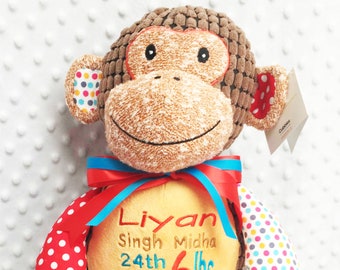 Personalised Embroidered Cubbie Harlequin Monkey Teddy in Brown or Purple with Birth Square, for birthday gift, baby gift or christenings