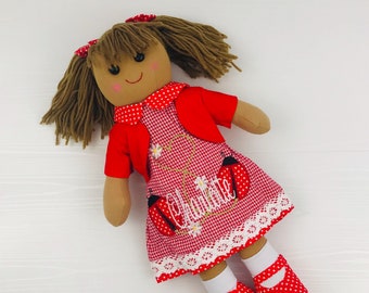 Personalised Powell Craft Rag Doll in Ladybird Dress, with name embroidered, suitable from birth