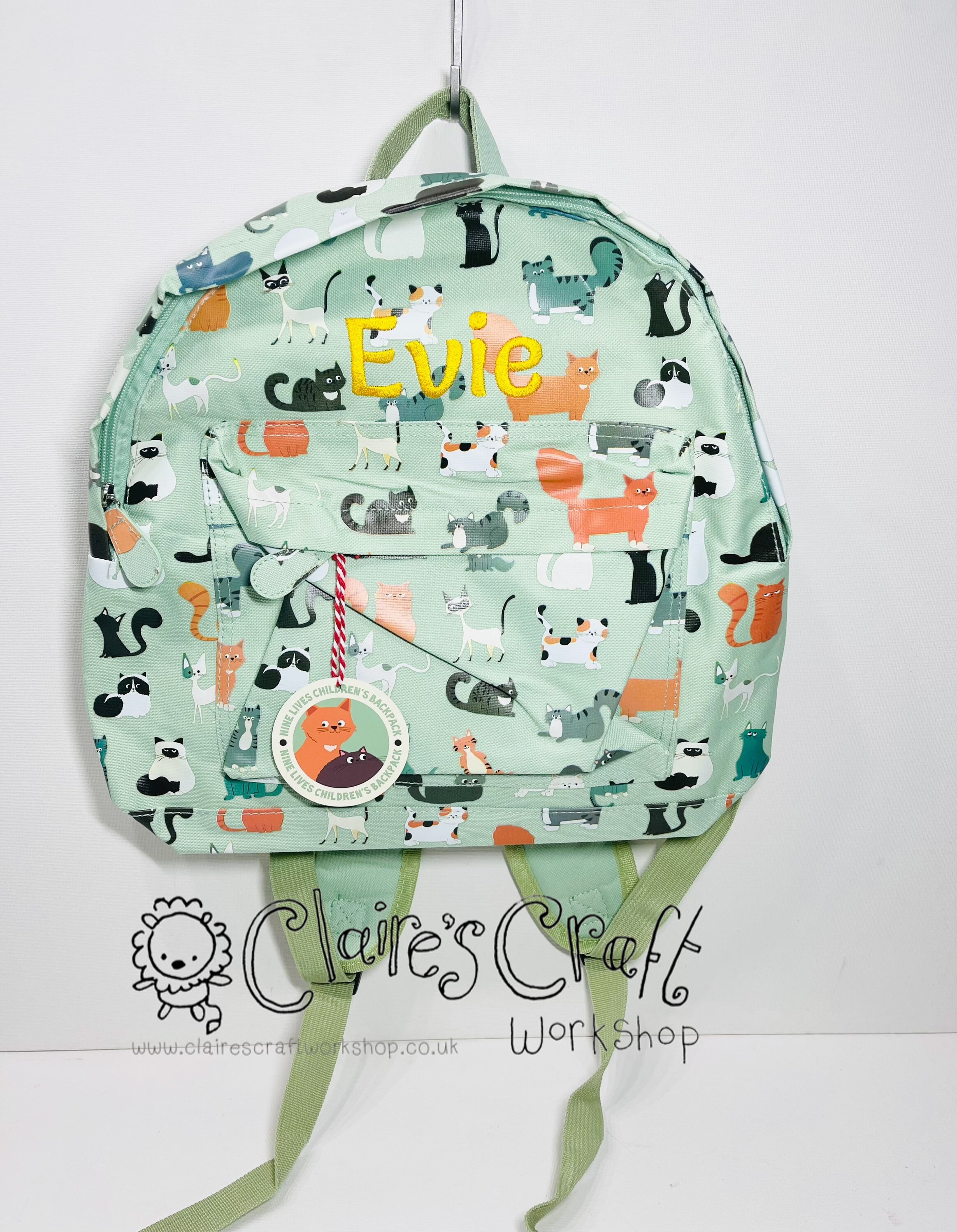 Personalised Cat Backpack for children, School Bag, Nursery, Kids, Rucksack, Rucsac, Wipeclean, named, child, Days out, nine lives