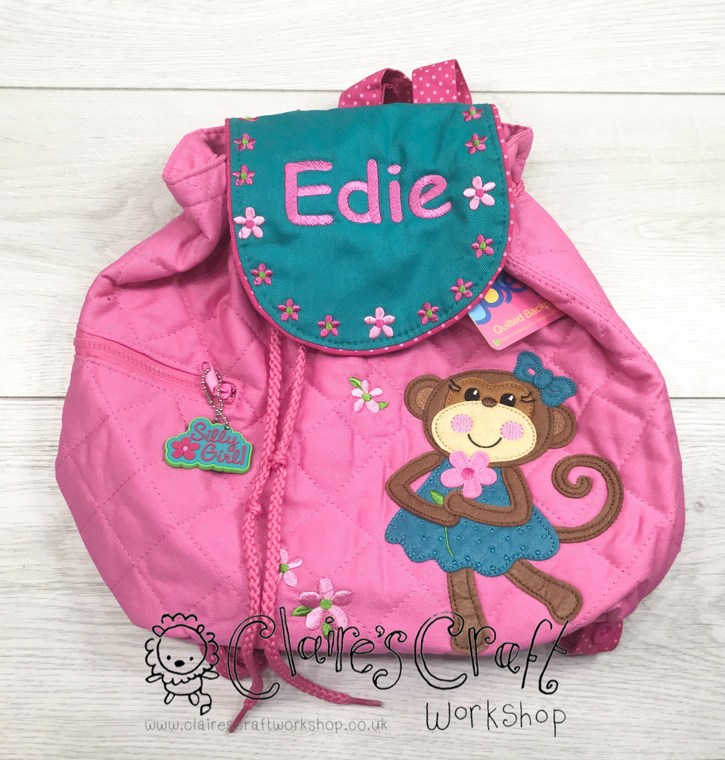 Personalised Girl Monkey Stephen Joseph Quilted Backpack for 