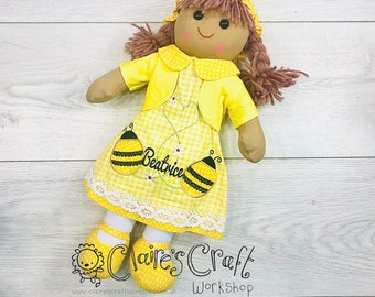 Personalised Rag Doll in Yellow Bumble Bee Dress with name embroidered - birthday gift, baby shower, Christening