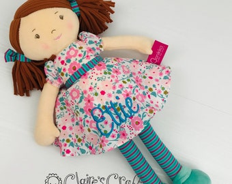 Personalised Fran Rag Doll in floral dress with name embroidered - birthday gift, baby shower, Christening,