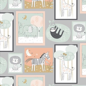May include: A grey background with a repeating pattern of framed illustrations of animals. The animals include a zebra, giraffe, elephant, lion, and sloth. The frames are in shades of pink and grey.