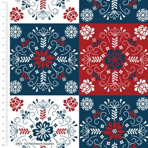 May include: A seamless pattern featuring red, white and blue floral designs. The pattern is made up of repeating squares with different floral motifs. The background is white.