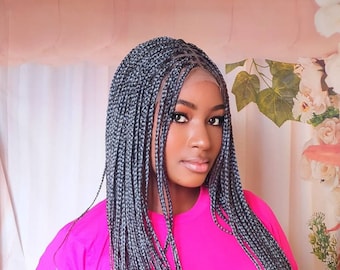 GREY and black braid wig for black women, Salt and Pepper Box Braid Wig, grey and black Braided Wigs