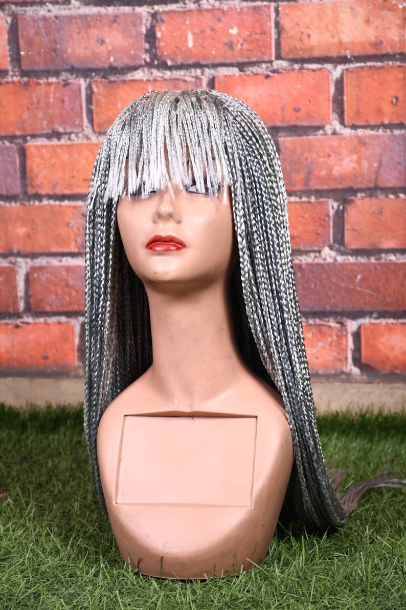 Gray Braided Wig Box Braids Wig With Bangs - Etsy