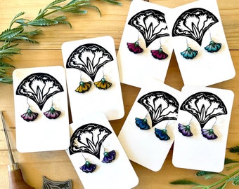 Flower Linocut Earrings | Cute Floral Jewellery | Colourful Earrings | Art Nouveau Style