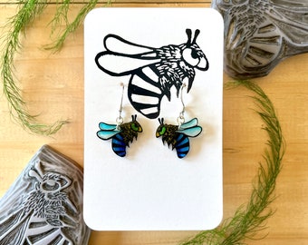 Blue-Banded Bee Linocut Earrings | Cute Australian Insect Jewellery