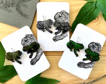 Linocut Frog Earrings | Northern Gastric-Brooding Frog | Extinct Australian Animal Jewellery