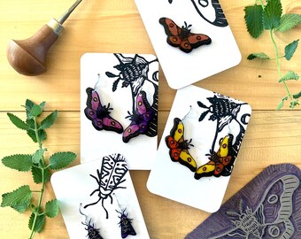 Moth Linocut Earrings | Cute Insect Jewellery