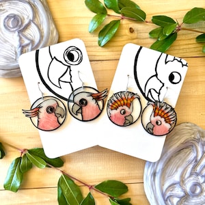 Boucles d'oreilles linogravure cacatoès Major Mitchell | Bijoux oiseaux mignons | Cacatoès rose | Animaux d'Australie