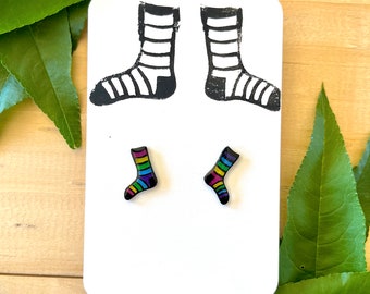 Rainbow Socks Linocut Earrings | Unique Jewellery | Odd Socks