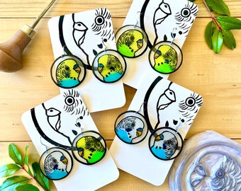 Budgerigar Linocut Earrings | Cute Bird Jewellery | Pet Budgie Art