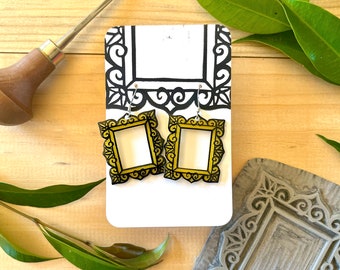 Linocut Picture Frame Earrings | Artist Jewellery | Curator Gifts