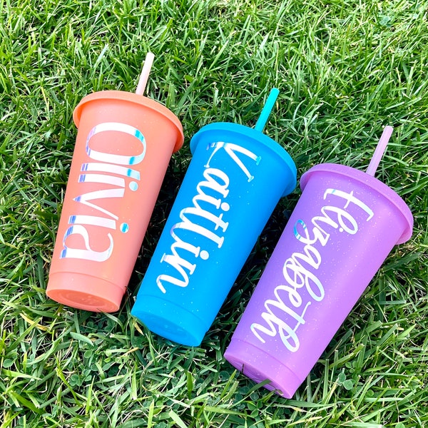 Bright Sparkly Tropical Themed Reusable Cups with Opal Colored Lettering