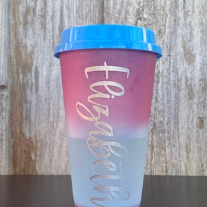 Personalized Hot Color Changing Cups Reusable Cups, Coffee Cups, Personalized Cups, Cold Cups Pink to Blue