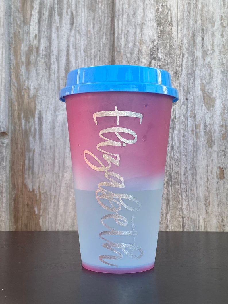 Personalized Hot Color Changing Cups Reusable Cups, Coffee Cups, Personalized Cups, Cold Cups Pink to Blue