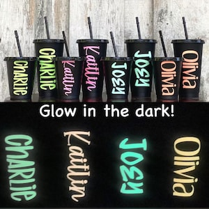 Glow in the Dark Party Favors Personalized with Names on Matte Black Tumblers, Glo Party Favors