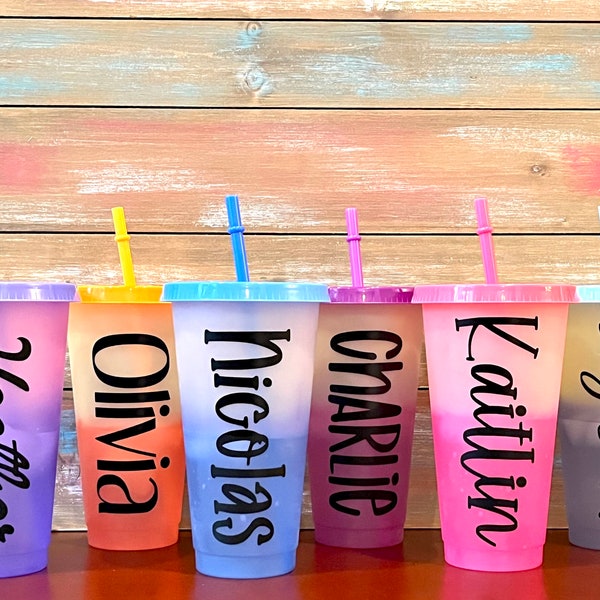 24oz Pastel Personalized Cold Color Changing Cups, Rainbow Cups, Personalized Reusable Cups