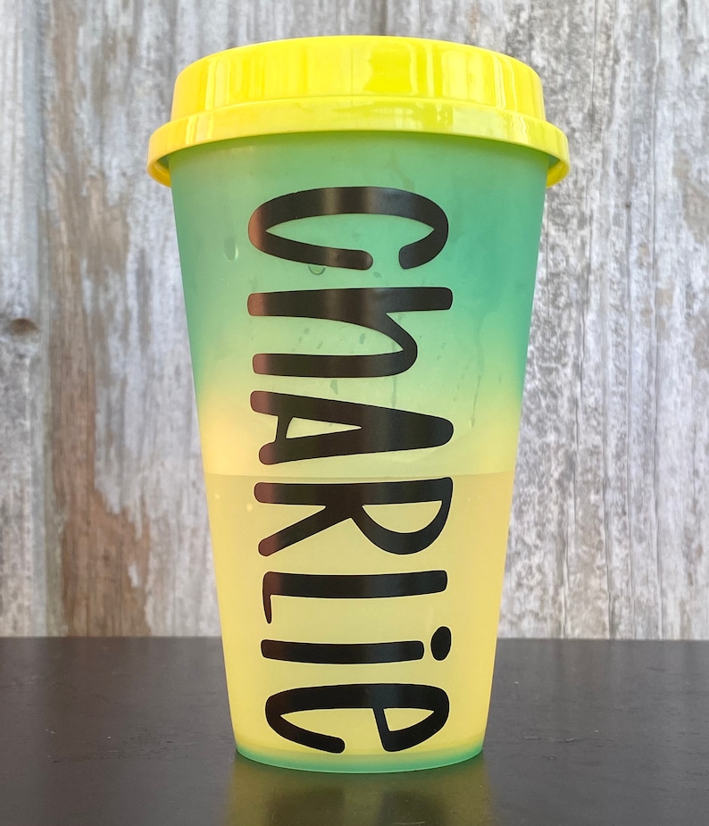 Personalized Hot Color Changing Cups Reusable Cups, Coffee Cups, Personalized Cups, Cold Cups Green to yellow