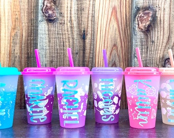 Girly Summer Birthday Party Favors, Unicorns, Mermaids, Popsicles on Color Changing Cups with Opal Lettering, Personalizeable Gifts