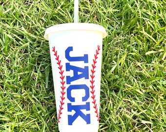 Baseball Team Cups with Player or Coaches names on White Cups and Red Stitching, Tball end of the year gifts, Snack Day