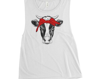 May include: White sleeveless muscle tank top with a black and white cow wearing a red bandana printed on the front.