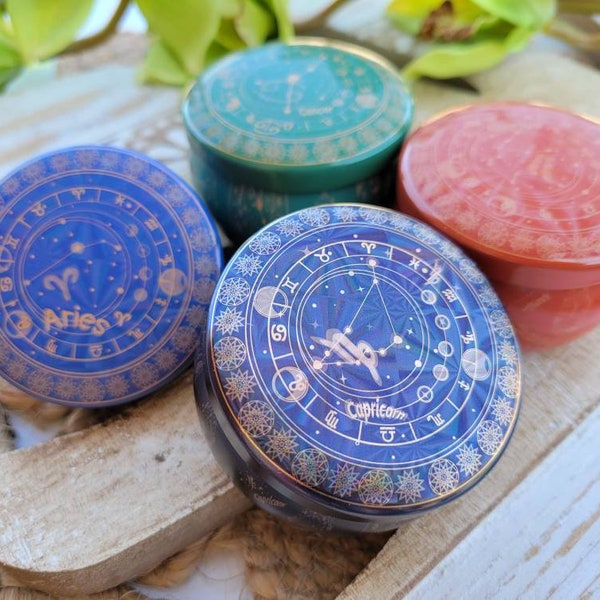 Zodiac Star Sign Constellation Tin Jar With Lid Container | 2.5 oz. Capacity | Boho Container | Candlemaking |  Empty Jar With Lid