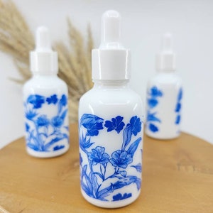 1 Glass Dropper Bottle | Blue & White Botanical Pattern Dropper | 30mL or 10mL Volume | Essential Oil | Skincare | Massage Oil