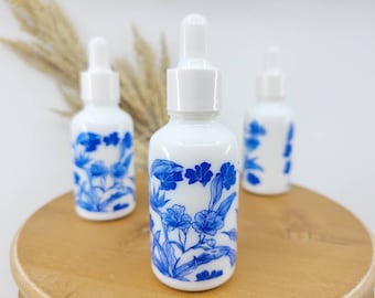 Botanical Glass Dropper Bottle: Blue & White Pattern, Essential Oil, Skincare (30mL or 10mL)