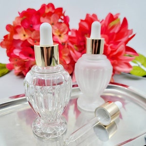Glass Dropper Bottle With GOLD-Colored Lid | Clear or Frosted Bottle | 46ml | 1.64 oz. | White Dropper | Serum Bottle | Standing Bottle