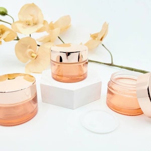 Pink Glass Jar | Rosegold-colored Lid | SIX Size Choices 5, 10, 20, 30, 50 gram, 3.4 oz. | Empty Refillable Glass Cosmetic Cream Container