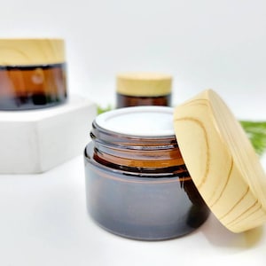 Amber Glass Cosmetic Container: Faux Bamboo Lid, Refillable Jar