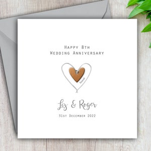 8th Wedding Anniversary Card Bronze - Personalised & Handmade - Silver Wire Heart for Husband, Wife, Mum, Dad, Friends and Relatives