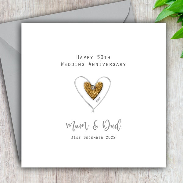 50th Wedding Anniversary Card Gold Golden - Personalised & Handmade - Silver Wire Heart for Husband, Wife, Mum, Dad, Friends and Relatives