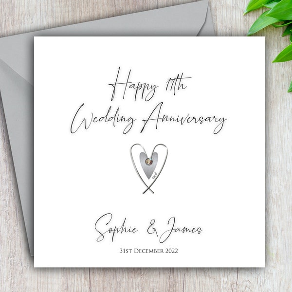 11th Anniversary Card, Steel Wedding Anniversary, Wire Heart, Happy 11th, Card For Him, For Her, Couple, Friends, Mum Dad, 11 Years Married