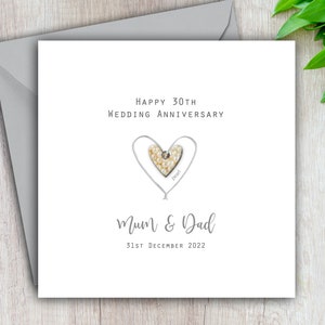 30th Wedding Anniversary Card Pearl - Personalised & Handmade - Silver Wire Heart for Husband, Wife, Mum, Dad, Friends and Relatives